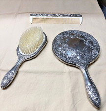 Vintage Victorian Silver Plated 3 Piece Vanity Set/Brush/Mirror/Comb-EX Cond.