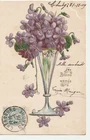 Old postcard fantasy gold relief HAPPY YEAR bouquet of violets ds glass vase 1906