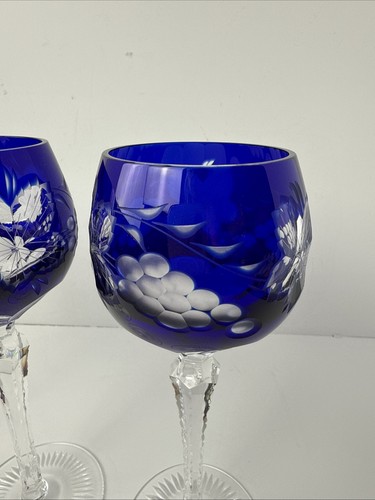 Nachtmann Crystal Hock Wine Goblet Glass Cut To Clear Cobalt Blue 8 ½” Tall (3) - Picture 4 of 12