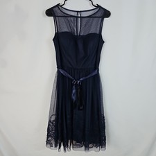 Eliza J Womens Navy Blue Mesh Illusion Fit Flare Cocktail Dress Party Sz Med