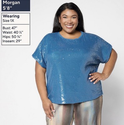 LOGO Lavish by Lori Goldstein Short Sleeve Sequin Top Size 2X Blue Slate A708164