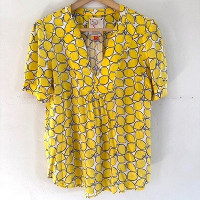 Conversations by Anthropologie Yellow Lemon Print Rayon V-Neck Blouse Top US 4