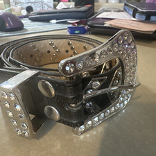 Rhinestone Bling Leather Look Women's Belt Silver Buckle