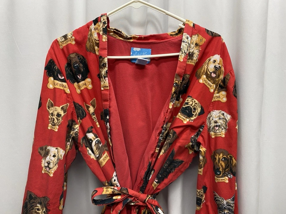 Nick & Nora robe women's size large xl dogs milk bone red tie kimono pjs - Image 2 of 4