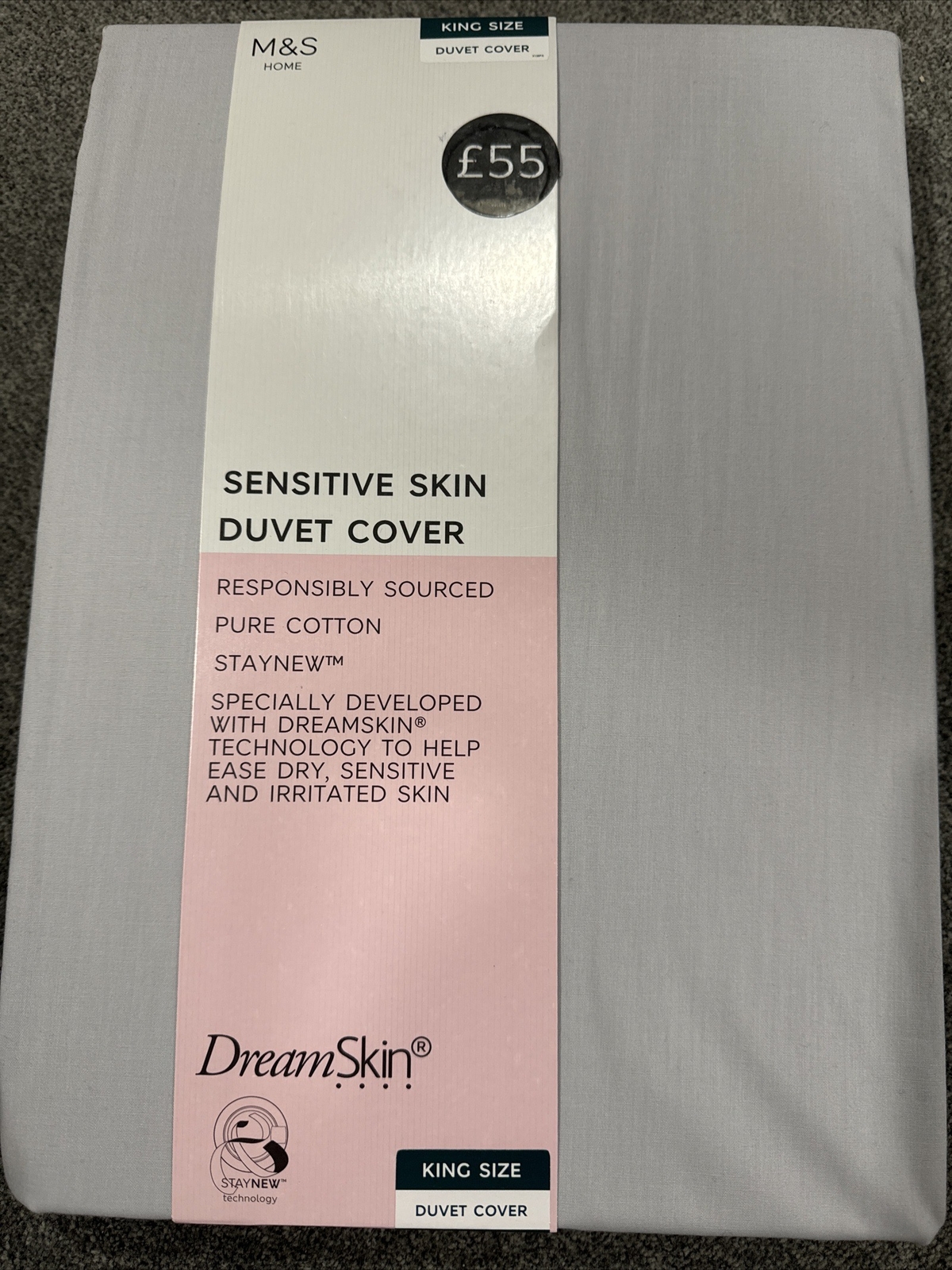 Marks and Spencer Sensitive Skin King Size Duvet Cover Light Grey Pure