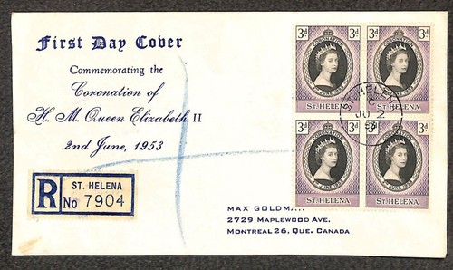 ST. HELENA 139 (x4) STAMPS QUEEN ELIZABETH REGISTERED FDC FIRST DAY COVER 1953 - Picture 1 of 2