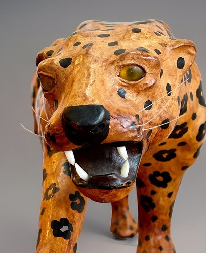 LARGE 24” Leather Wrapped Vintage Leopard Statue-Mid Century Safari Jungle Decor - Picture 6 of 23
