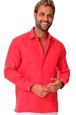 Mens 100 Soft Linen Guayabera Shirt for Men- Red Traditional 4-Pocket - MLS401
