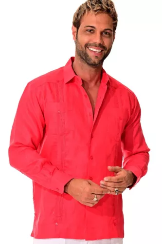 Mens 100% Soft Linen Guayabera Shirt for Men- Red Traditional 4-Pocket - MLS401