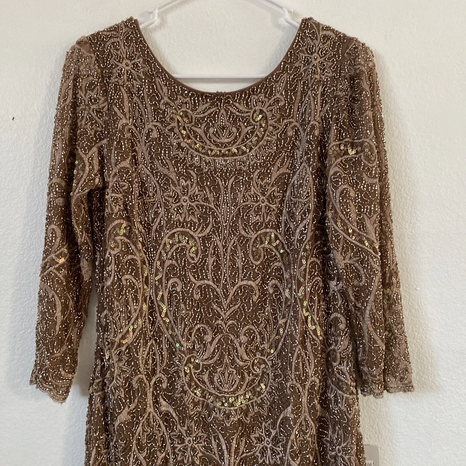 Vestido Vaina Pisarro Nights Cuentas Lentejuelas Bordado Manga Cóctel Tostado Talla 8 Foto 3 de 4