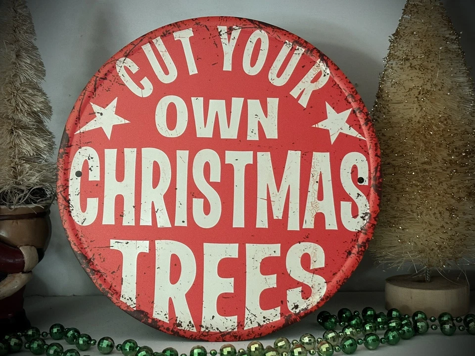 "Corta tus propios árboles de Navidad estilo vintage publicidad metal letrero 8"" rojo blanco" Foto 3 de 4