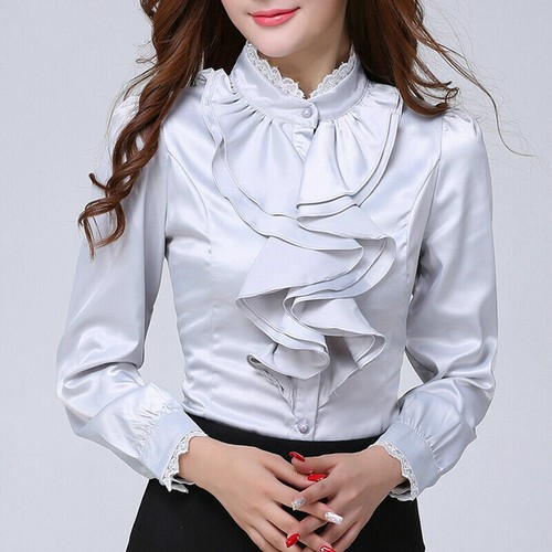 Ladies Satin Top Ruffle Shirt Faux Silk Blouse Frill Lace Casual Formal ...