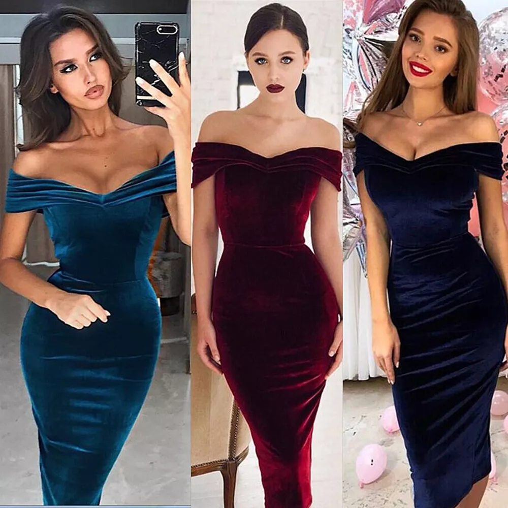 Velvet off top shoulder bodycon dress
