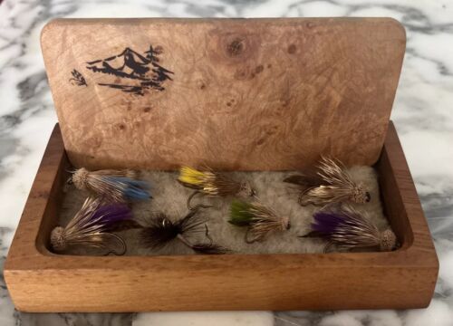 Beautiful Rare Vintage Burl Wood Fly Box With 7 Muddler Minnows Never Used 