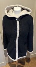 Black Faux Suede /faux White Fur Jacket With Hood. Size M Uk 12