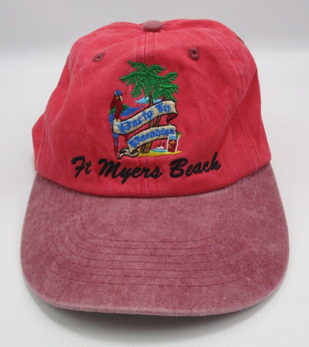 Ft Myers Beach Florida Pink Hat Embroidered Parrot Palms Trees Adjustable Cap