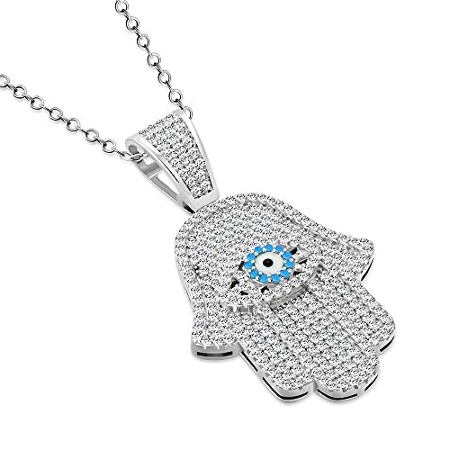925 Sterling Silver Evil Eye CZ Protection Hamsa Pendant Necklace - Picture 1 of 7