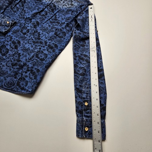 AFNF A Fish Named Fred Womens Shirt Large Blue Denim Faded Flowers Roll Tab West - 第 16/20 張圖片