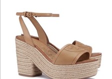 Tory Burch Fleming Espadrille Sandals brown leather Ankle Jute Block Wedges 6