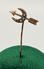 Antique 10K Yellow Gold Bow And Arrow Crescent Moon Pearl Turquoise Stickpin