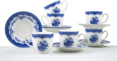 Tudor Royal 12-Piece Porcelain Cup & Saucer Set 4 Victoria Blue Dinnerset Floral