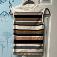 New Atmosphere Striped Ribbed Knit Sleeveless Mockneck Cream Top Women's Size 10
