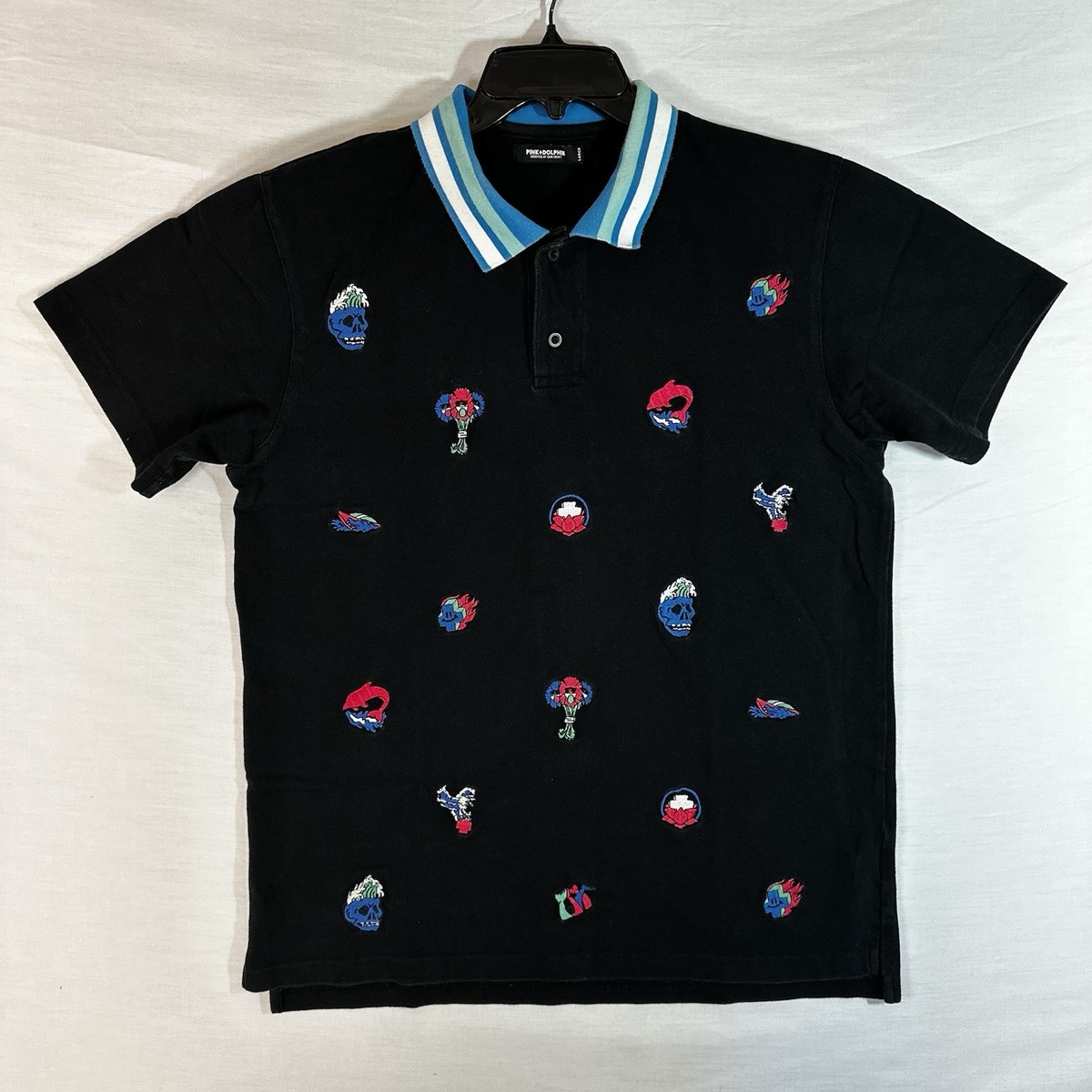 Pink+Dolphin Polo Shirt Mens L Black Embroidered All Over Graphic