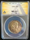 1951 Franklin Half Dollar     ANACS MS-63 FBL toner