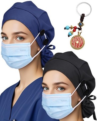 2 Pack Classic Scrub Caps Women Ponytail Satin Lined Surgical Hat Buttons