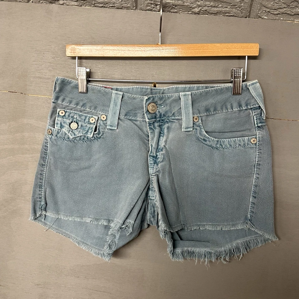 Pantalones Cortos True Religion Ava Corte Para Mujer 28 Azul Denim Dobladillo Deshilachado Preppy EE. UU. Foto 2 de 3