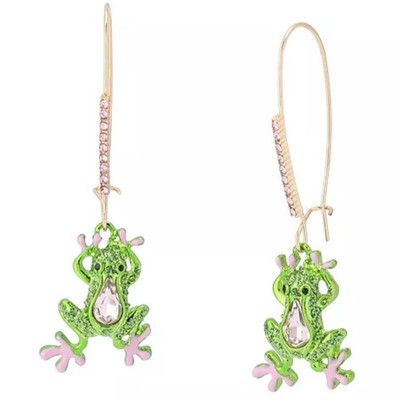Betsey Johnson Earrings Backyard Frogs Green Pink Crystals Shepherds Hook