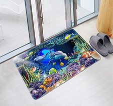 Underwater World Dolphin Print Memory Foam Carpet and Door Mat, Anti-Slip Bat...