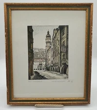 Innsbruck Austria Framed Hand Colored Etching Signed Matted Framed Wired To Hang