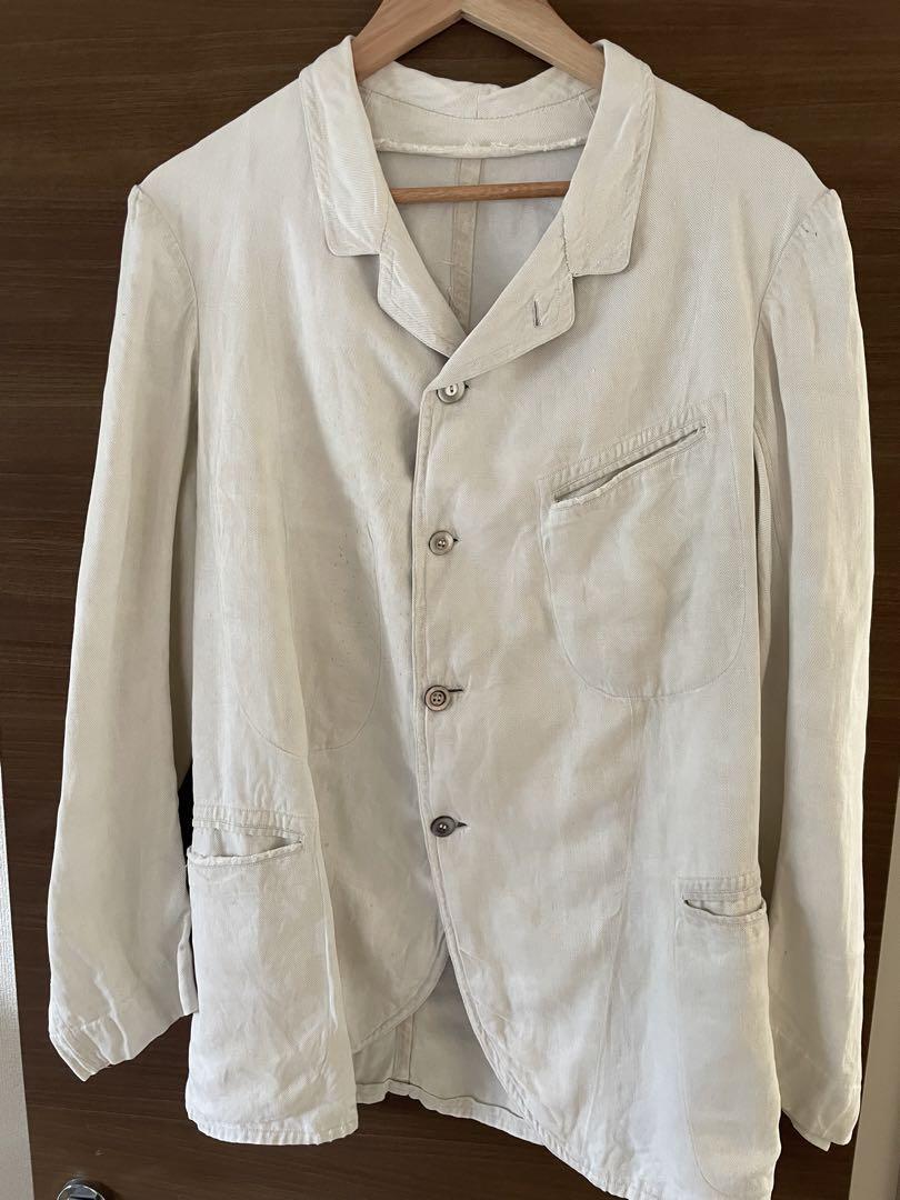Vintage 1900s French Linen Sack Coat Work Jacket, 4 Button, Tailored Collar, 73 Vintage 1900s French Linen Sack Coat Work Jacket, 4 Button, Tailored Collar, 73