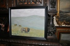 Original Painting on Hide-Shaped Canvas - Frontiersman Portrait with Buffalo Hunt Scene