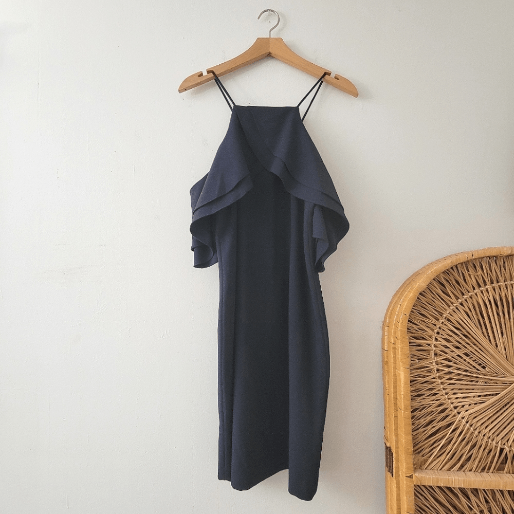 Tahari ASL Navy Blue Off Shoulder Ruffle Halter Dress XS