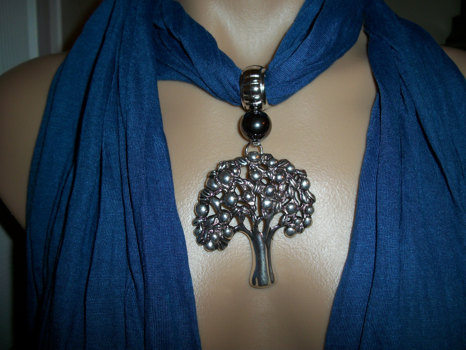 Tree of Life Necklace in Tibetan Silver with Carbon Blue Scarf Pendant