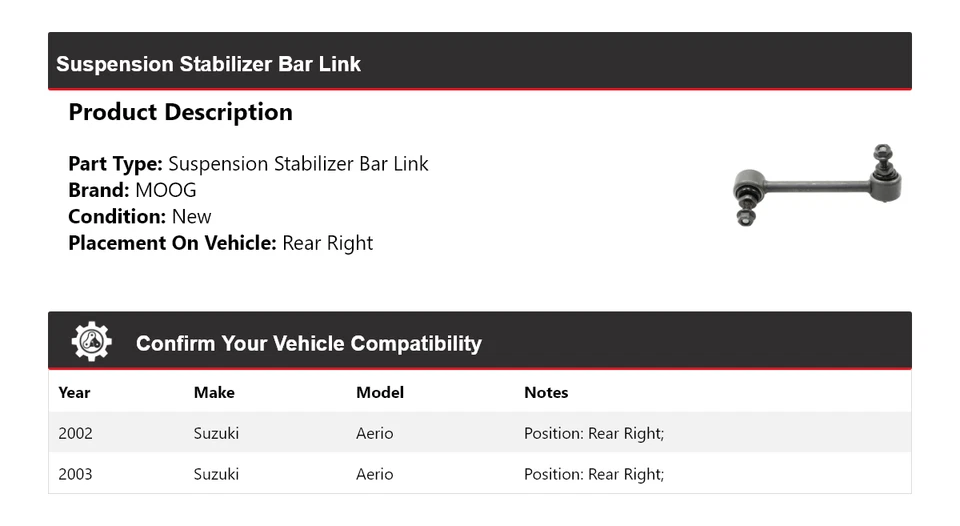 Barra estabilizadora de suspensión trasera derecha MOOG para Suzuki Aerio 2002-2003 Foto 2 de 4