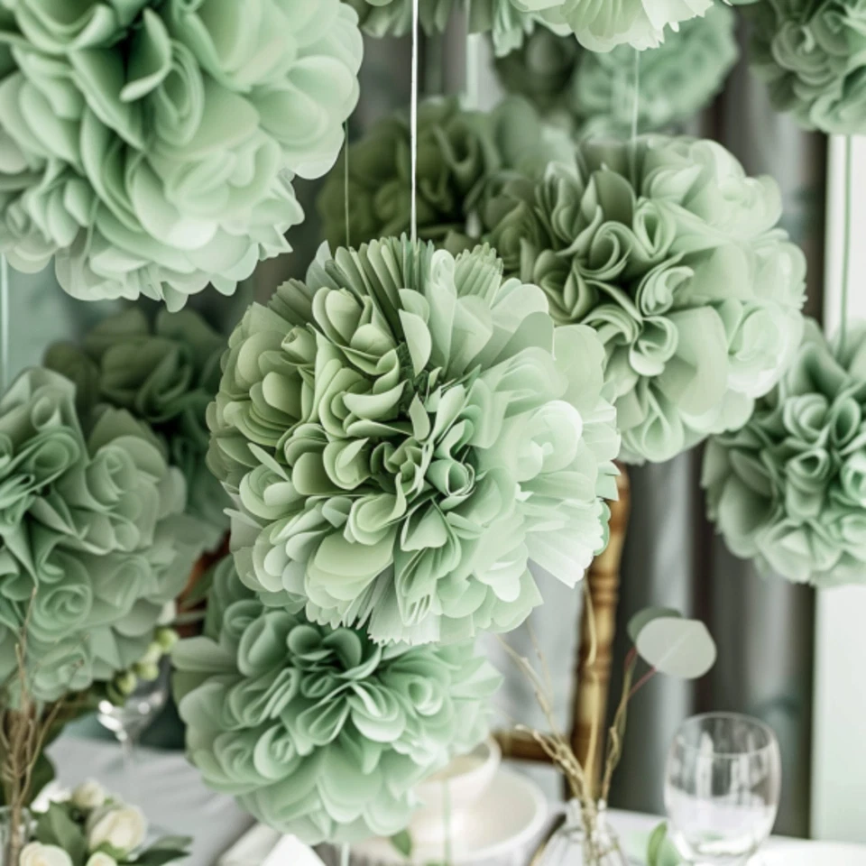 12 PIEZAS Pompones de papel de seda verde salvia - Baby Shower, decoración de bodas y fiestas Foto 2 de 4