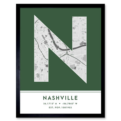 Nashville Tennessee United States City Map Typography Framed Art Print 12x16 In