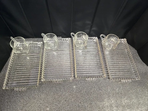 Set Of 4 Vtg Hazel Atlas Glass Snack Luncheon Plates Sip And Smoke Ball & Rib
