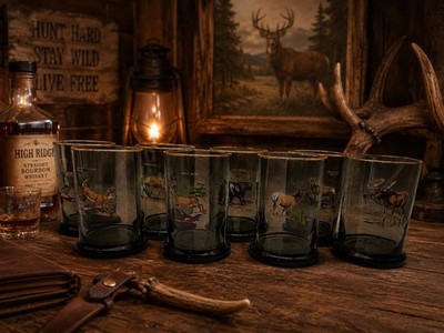 VTG Ned Smith  Big Game Mammal  Highball Glasses Set of 8 Smoke Gold Rim Signed