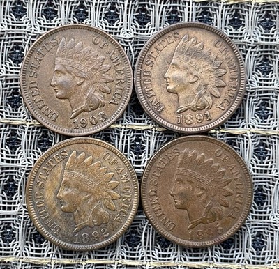 Lovely Quad Set (4) Indian Head Cents AU Plus - 1891 - 1892 - 1895 - 1903