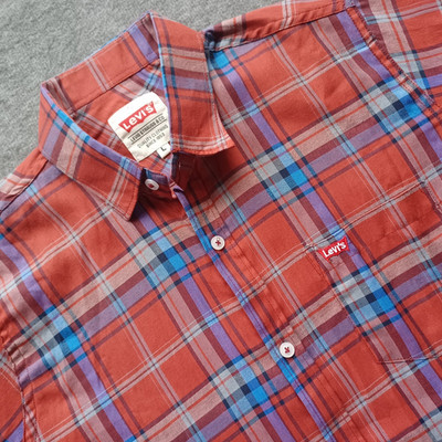 Levi s Mens LG Standard Fit Large Button Down Shirt Red Blue Plaid Long Sleeve
