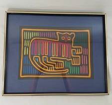 Vintage Mola Textile Art Cat Matted Framed 22X18 Kuna Panama Hand Crafted
