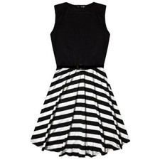 Kids Girls Skater Dress Striped Contrast Panel Summer Party Dance Dresses 7-13Yr