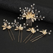 Gold Pearl Flower Hair Comb, Bridal Hair Accessories, Wedding, Women, Girls