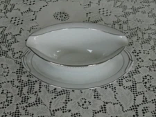 C-1132 Noritake Silver and White Atwood Gravy Boat with Attached Underplate