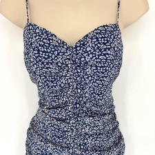 Lulus Blue White Floral Ruched Bodycon Mini Dress Sweetheart Ruffle Hem Size M