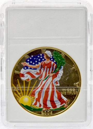 Gold Plated Silver Liberty Dollar Special Coloured Coin 2005 Slabbed Case